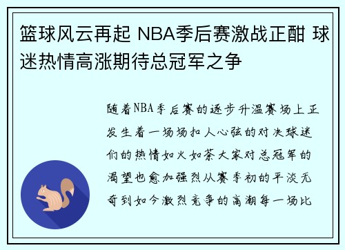 篮球风云再起 NBA季后赛激战正酣 球迷热情高涨期待总冠军之争