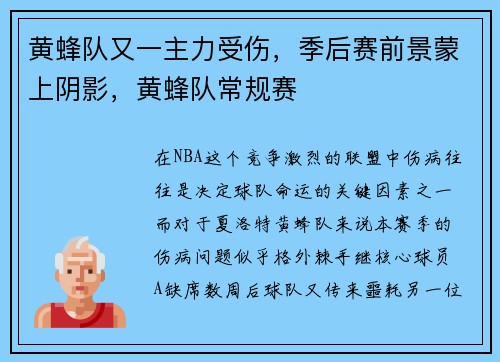 黄蜂队又一主力受伤，季后赛前景蒙上阴影，黄蜂队常规赛